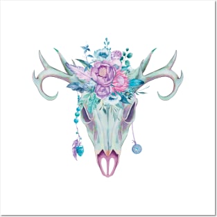 🤩 Boho skull with pink flowers Posters and Art